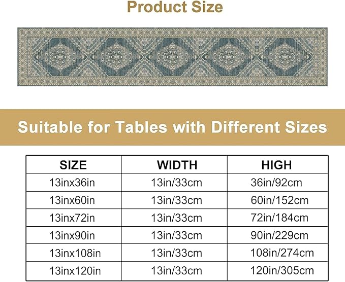 Boho Floral Vintage Table Runner, Blue Teal Retro Flower Rustic Country Farmhouse Pattern for Home Kitchen Table Decor Dining Coffee Room Party Decor 13x108in