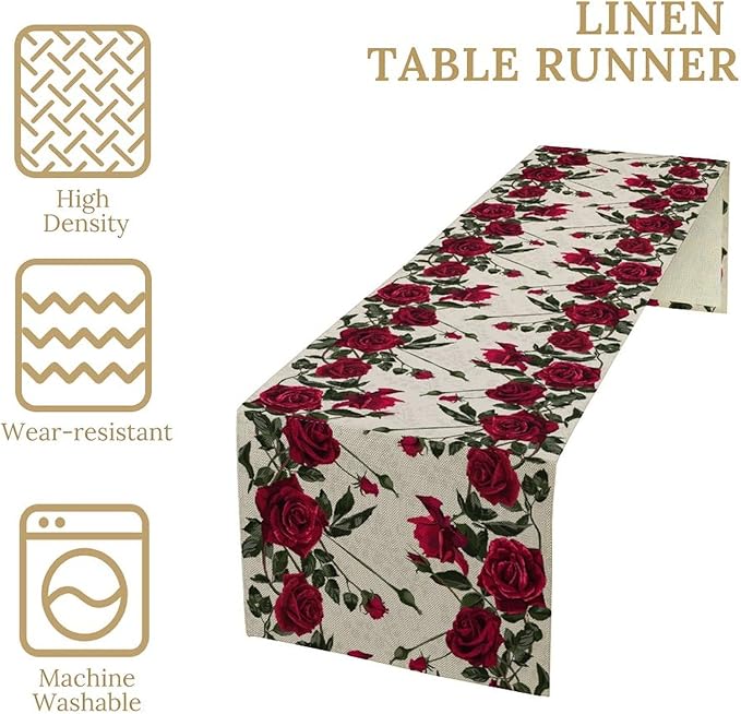 Rose Table Runner, Retro Red Rose Flowers Green Leaves Valentine's Day Kitchen Dinning Table Runner for Indoor Outdoor Home Wedding Party Holiday, 13x108 Inch