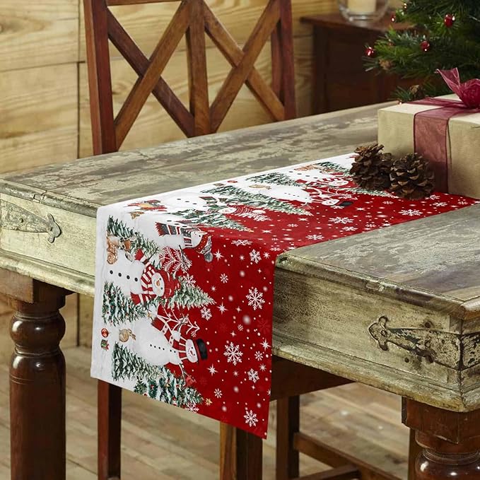 Christmas Snowman Cotton Linen Table Runner for Dining Kitchen, Xmas Tree White Snowflakes Winter Wedding Outdoor Party Tablerunners Decoration, Dresser Scarf Coffee Tablecloth Runners 13x36 Inches