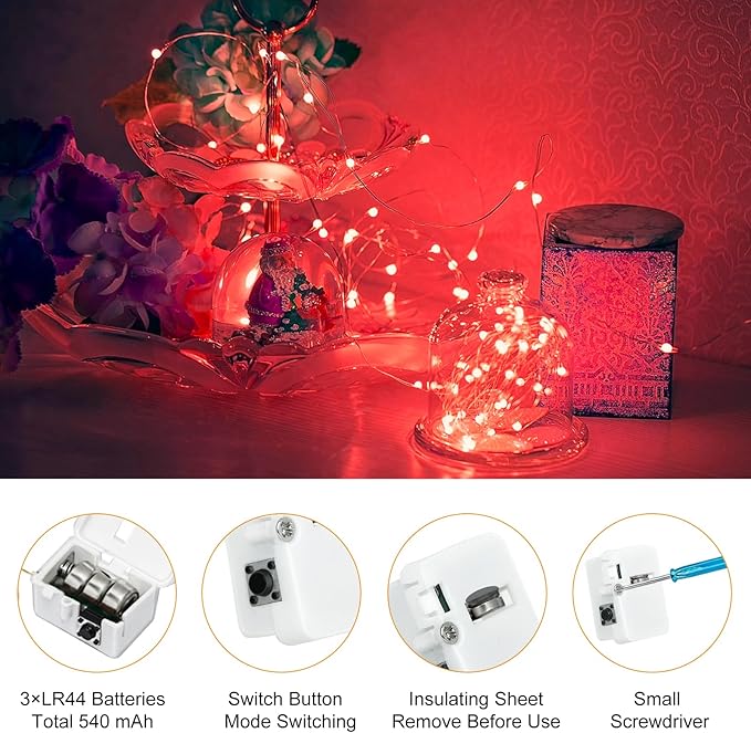 btfarm 6 Pack Fairy Lights Battery Operated [3 Modes], 7ft 20 Led Twinkle Lights String Lights Waterproof Bulk Small Mini Silver Wire for Christmas Mason Jars Wedding Table Centerpiece, Red