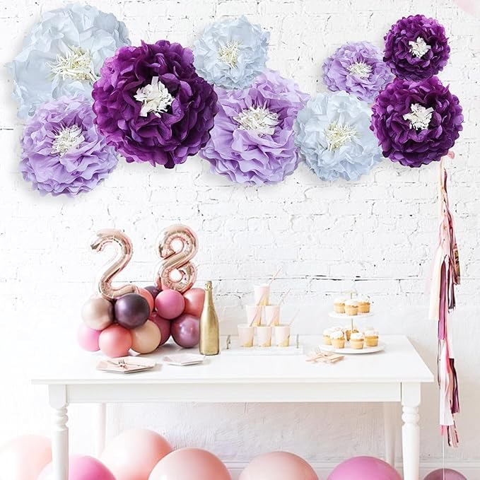 Purple Paper Flower Pom Poms Wall Decorations for Sweet Party Background, Birthday, Bachelor Party, Baby Shower, Graduations, Tea Parties