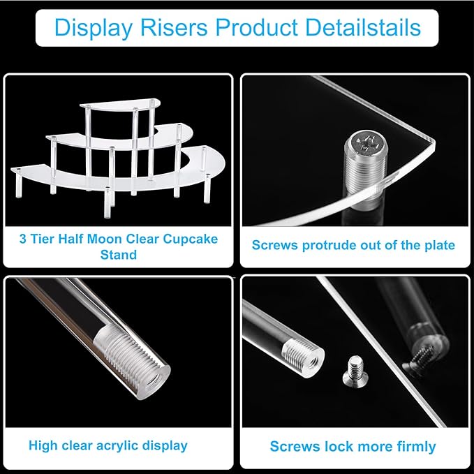 2PACKS Acrylic Display Risers, 3 Tier Clear Cupcake Stand Risers, Perfume Stand Organizer, Half Moon Dessert Stand, HENABLE Shelf Risers for Display Stands for Food, Amiibo Funko POP Figure (2half moon)