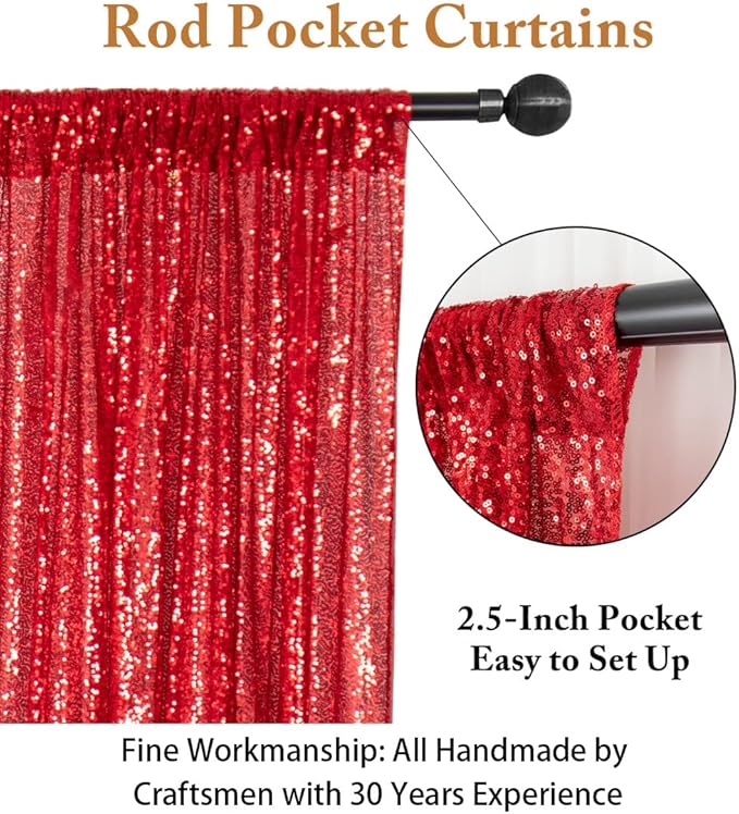 ShinyBeauty Red Sequin-Backdrop-Curtain 2Panels 5FTx10FT Glitter Wedding Photography Background Shimmer Curtains Payette Sequin Backdrops Red Sequins Fabric Backgrounds