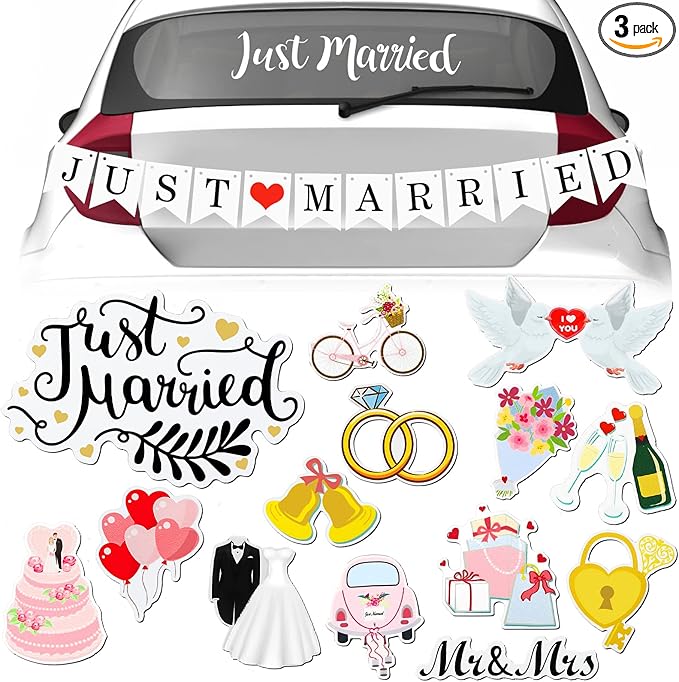 16 Pcs Just Married Car Decorations Include 14 Assorted Ornate Car Magnets Just Married Window Decal and Cardstock Sign Banner Wedding Decorations for Bridal Shower Honeymoon Photo Props