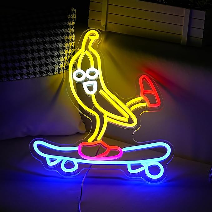 Skateboard Banana Neon Sign Cool Slide Banana LED Neon Light Dimmable Banana Light Up Sign for Shop Bedroom Party Bar Art Wall Decoration(16.3"*13")