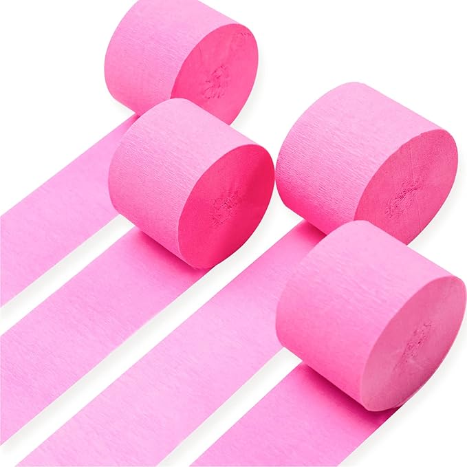 PartyWoo Crepe Paper Streamers 4 Rolls 328ft, Pack of Hot Pink Crepe Paper for Party Decorations, Wedding Decorations, Birthday Decorations, Baby Shower Decorations (1.8 Inch x 82 Ft/Roll), Pink-9581