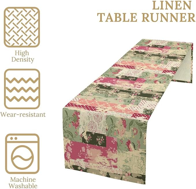 Patchwork Flower Table Runner,Abstract Colorful Floral Retro Style Hand Drawn Tablecloth Burlap for Hotel Indoors Outdoor Dining Room Kitchen Home Decor,W13X L60 in