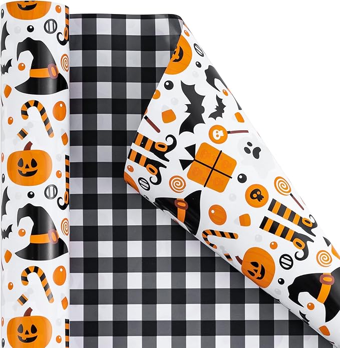 LeZakaa Halloween Wrapping Paper, Cute Pumpkin Witch Bat Candy Print, Buffalo Black White Plaid Reversible Design for Halloween, Nightmare before Christmas Holiday, Party, 17 inches x 32.8 Feet