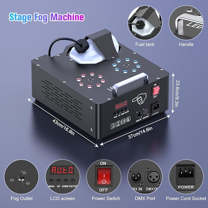 2000W Professional Fog Machine Dual Nozzle with 16 RGB LED, DMX Control Adjustable Smoke Direction, 2.5L Tank LCD Display 30000CFM for Halloween Christmas Stage DJ Party Club Events