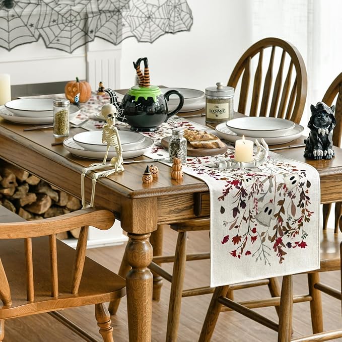 Artoid Mode Ghost Flowers Leaves 210 GSM Halloween Table Runner,Seasonal Fall Kitchen Dining Table Decoration for Home Party Decor 13x60 Inch