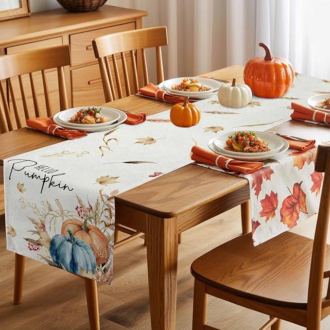 Fall Thanksgiving Cotton Linen Table Runner for Dining Kitchen, Orange Pumpkins Outdoor Party Autumn Tablerunners Decoration, Rustic Wheat Leaves Dresser Scarf Coffee Tablecloth Runners 13x90 Inches