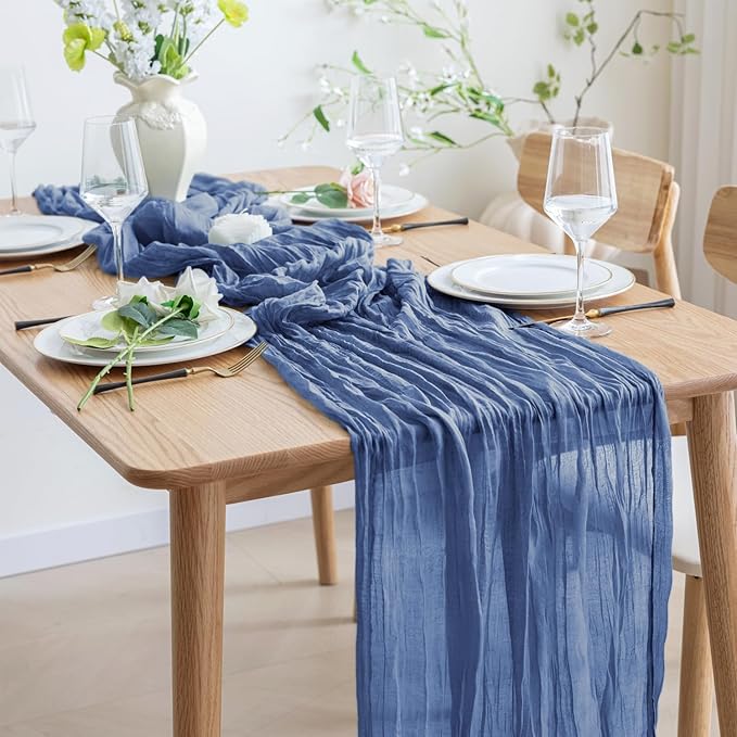 Asee'm 12pcs Cheesecloth Table Runner 120 Inches Long Blue Boho Gauze Cheese Cloth Runner 10FT Rustic Sheer Table Runners for Christmas Wedding Party Baby Shower Spring Easter Decoration