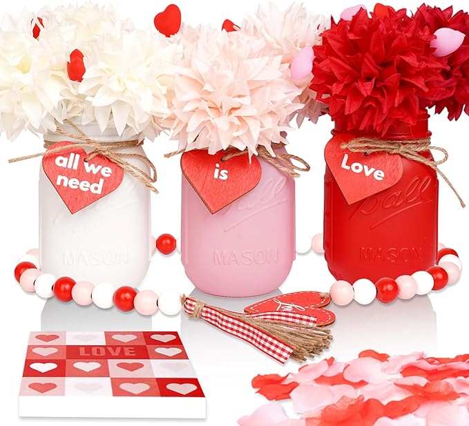 CNVOILA Valentines Table Decor, 6PC Mason Jars, Glass, Cylindrical, White, Red, Pink - Valentine's Day, Anniversary, Wedding, Farmhouse Decor