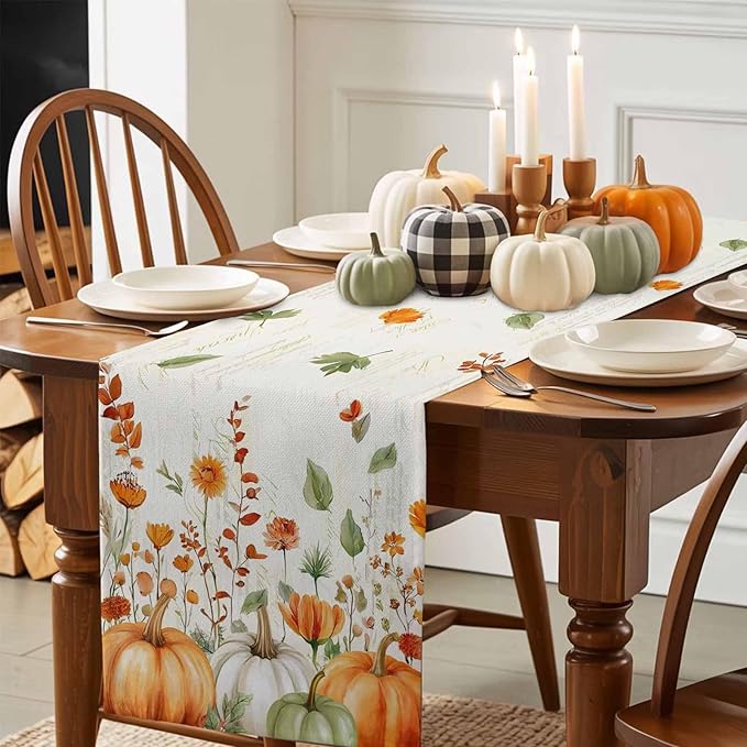 Fall Wildflowers Cotton Linen Table Runner for Dining Kitchen, Thanksgiving Pumpkin Outdoor Party Rustic Tablerunners Decoration, Botanical Floral Vintage Dresser Scarf Tablecloth Runners 13x90 Inches
