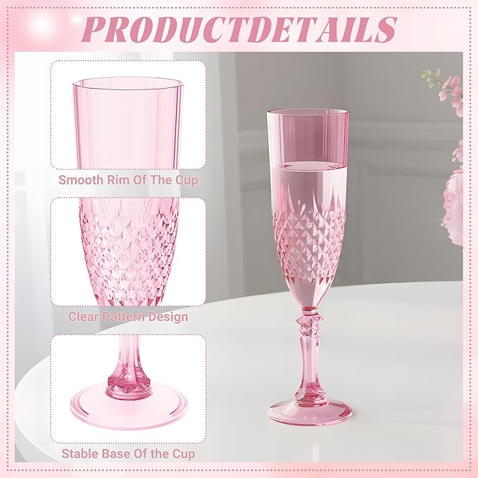 Plastic Champagne Flutes, 100PCS Pink Wine Glasses Goblets Cups Reusable Flute, for Weddings Bachelor Parties Toasting and Events(100, Pink)