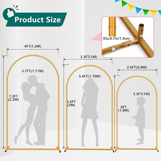 3-Pack Metal Arch Backdrop Stand Set (6/6.6/7.2FT) Heavy Duty Rust-Proof Wedding Decoration Frame with Crossbar Base for Party, Photo Booth, Balloon & Flowers Decor (Gold, 6FT,6.6FT,7.2FT)