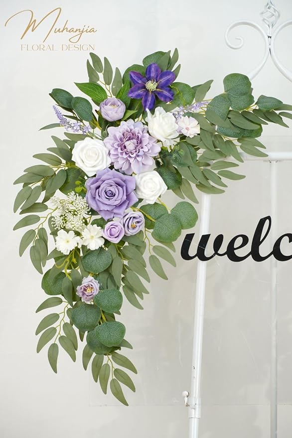 Muhanjia Wedding Sign Faux Flower Swag (Pack of 2) for Ceremony Party Reception Entrance Floral Decor Wall Easel Stand for Wedding Poster Welcome Sign (Purple)