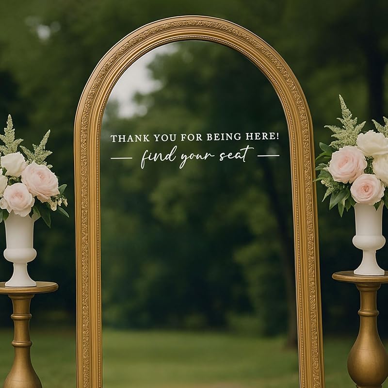 Seating Chart Sign, Wedding Mirror Decal, Thank You for Being Here Find Your Seat, Wedding Seating Chart Header Vinyl Decal, Your Seat Awaits Wedding Sign Decal, Mirror Sticker for Seating (White, Wide 17")