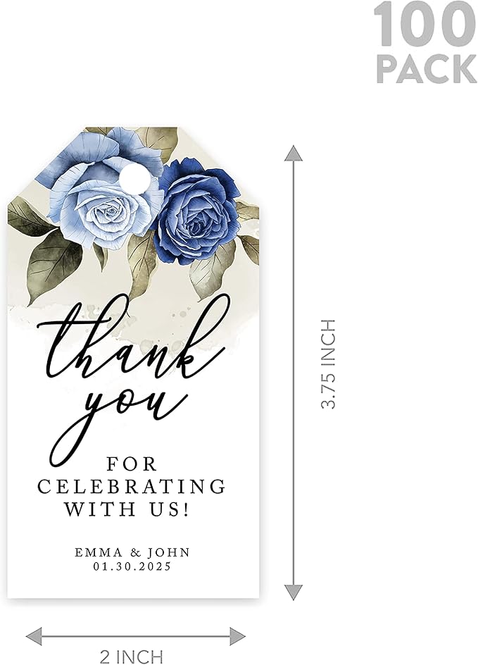 Andaz Press 100-Pack Personalized Thank You Tags with Bakers Twine ICY Blue Roses Custom Cardstock Wedding Gift Tags for Wedding Party Favors 2 x 3.75-Inches
