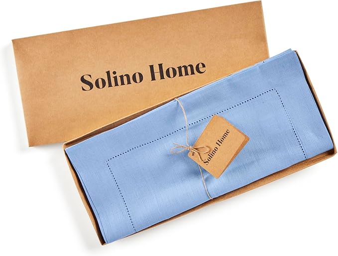 Solino Home Linen Cornflower Blue Table Runner 108 Inches Long - 100% Pure Linen Hemstitch 14 x 108 Inch Table Runner for Dining, Christmas, Holiday - Classic Hemstitch