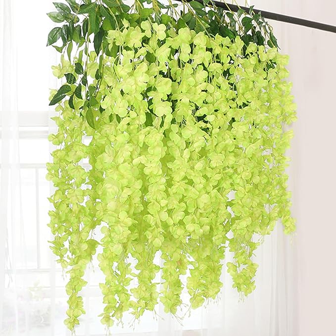 5 Pack Green Wisteria Hanging Flowers Garland, 3.77 Feet Artificial Flower Vines, Fake Wisteria, Artificial Vines Hanging Garland for Backdrop Outdoor Yard Garden Decor