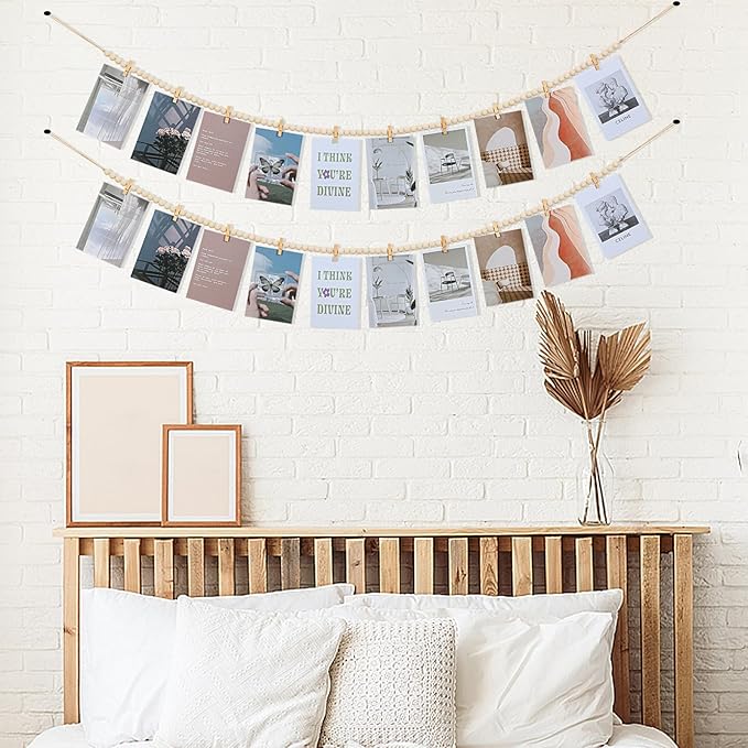 2Pcs Hanging Photo Display with Clips, Boho Wooden Bead Garland Collage Picture Frame Wall Decor, Photo String with 10 Clips for Bedroom Room Dorm Cubicle Decor, Christmas Teen Girls Gifts