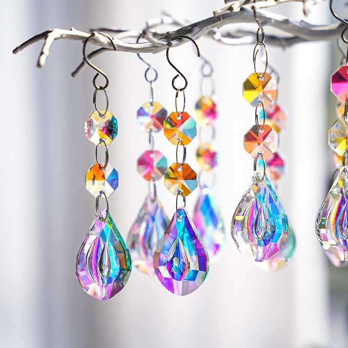 20pcs Colorful Crystals Suncatcher for Chandeliers with Hooks,38mm Chandelier Crystals Replacement,Hanging Prisms for Windows,Wedding,Christmas Tree Decoration