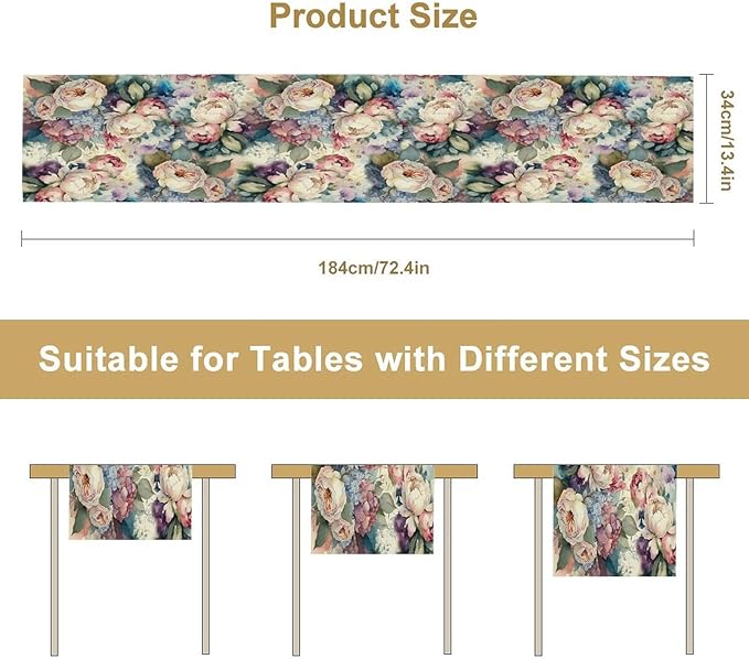 Vintage Floral Table Runner,Girls Women Rose Romantic Leaf Botanical Watercolor Pattern Print Burlap for Hotel Indoors Outdoor Dining Room Kitchen Holiday Party, 13x36in