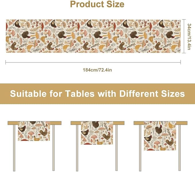 Mushroom Table Runner,Retro Natural Plant Famhouse Table Runner for Kitchen Dining Table Home Party Decoration 13x120 Inch