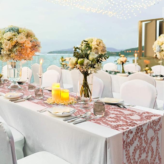 Wedding Sequin Table Runner Rose Gold Flower 10 Packs 12x108 Inch Glitter Table Runners for Banquet Table Decoration Sparkly Table Overlay