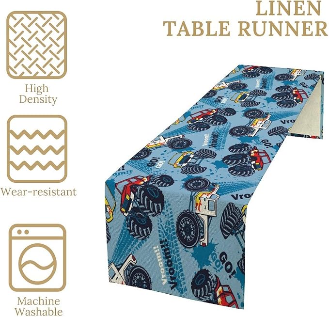 Monster Truck Table Runner,for Kids Boys Cool Colorful Cartoon Blue Cars Pattern Print Tablecloth Burlap for Hotel Indoors Outdoor Dining Room Kitchen Home Decor,W13X L90 in