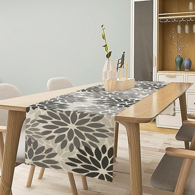 Gray Dahlia Flower Table Runner, Vintage Modern Linen Geometric Pattern Floral Table Runner Spring for Farmhouse Kitchen Dining Party Holiday Party, 13x60 Inch