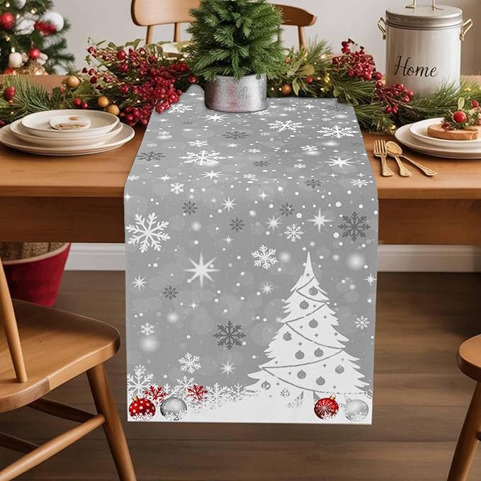 Christmas Snowflakes Cotton Linen Table Runner for Dining Kitchen, Xmas Tree Snow Winter Wedding Outdoor Party Tablerunners Decoration, Grey Balls Dresser Scarf Coffee Tablecloth Runners 13x120 Inches
