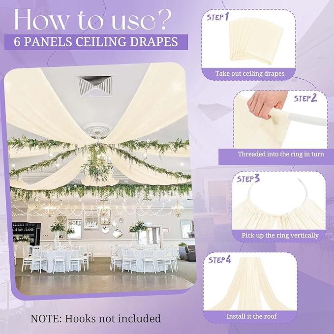 6 Panels Ivory Wedding Drapes, 5ftx20ft Cheesecloth Sheer Fabric Curtain Arch Draping Fabric for Wedding Party Ceremony Stage