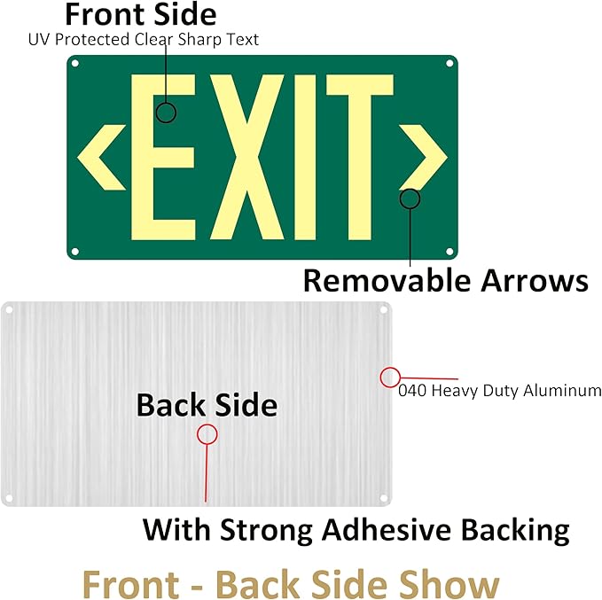 1Pack Photoluminescent Exit Sign Green - Aluminum -14.25"x 7.5" Glow In The Dark Adhesive Backing- Includes 2pcs Removable Arrows- Non Electrical Green Exit Light