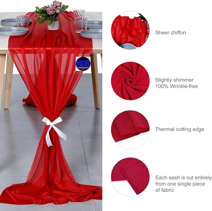 MDS Halloween Chiffon Table Runner - 5 Pack, 29 x 120 Inches, 10ft Each - Sheer Spooky Table Runners for Haunted House Parties, Trick-or-Treat Tables, Witchy Décor, Wedding & Events - Red