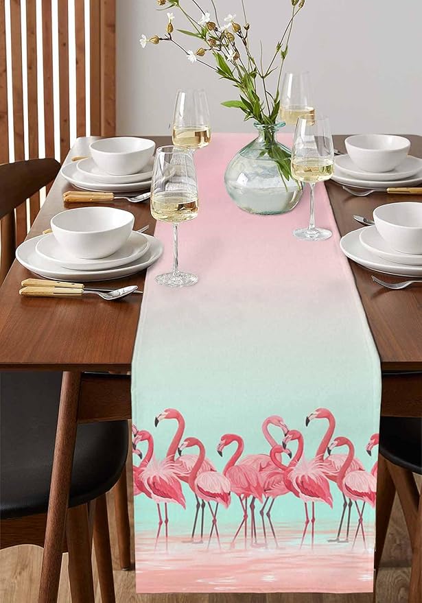 Tropical Flamingo Cotton Linen Table Runner for Dining Kitchen, Wedding Outdoor Party Tablerunners Decoration, Pink Bird Coastal Nautical Animal Dresser Scarf Coffee Tablecloth Runners 13x48 Inches