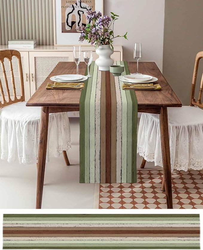Sage Green Wooden Cotton Linen Table Runner for Dining Kitchen, Wedding Outdoor Party Tablerunners Decoration, Vintage Country Retro Distressed Grain Dresser Scarf Coffee Tablecloth Runners 13''x108''