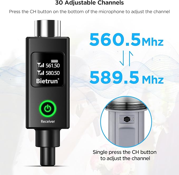 Bietrun XLR Wireless Microphone, UHF Dual Handheld Dynamic Metal Mic Set with Rechargeable Receiver, XLR to 1/4'' Adapter, for Karaoke, Church, Wedding, Party Singing(160 ft Range)(Auto Connect)