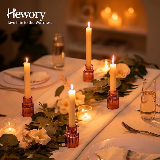Hewory Glass Taper Candle Holders: 2PCS Amber Elegant Candle Holder Candlestick Holders Bulk, Ribbed Glass Candle Holder Candle Sticks Holder Decor for Table Centerpiece Fall Thanksgiving Home Decor