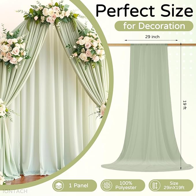 Wedding Arch Draping Fabric 29" x 19Ft Sheer Drapes for Backdrop Wedding Ceremony Reception Ceiling Decor Curtain Baby Bridal Shower Decoration (Sage Green, 1 Panel)