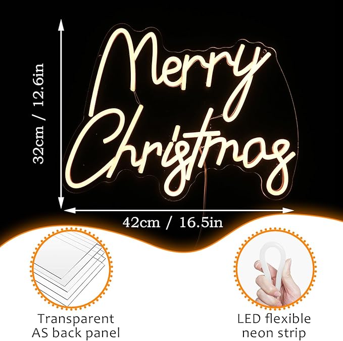 Merry Christmas Neon Sign USB Powered Merry Christmas Neon Light Sign for Christmas Decor Dimmable LED Christmas Light Up Sign for Christmas Home Party living Decor （16.5 * 12.6 In）