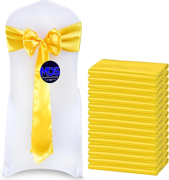 MDS Pack of 50 PCS Satin Chair Sashes Charmeuse Sateen Dining Chair Bows Ribbon Ties Back Sash for Wedding Party Birthday Home Hotel Restaurant Banquet Decoration (7 x 108 Inch, Yellow Gold)