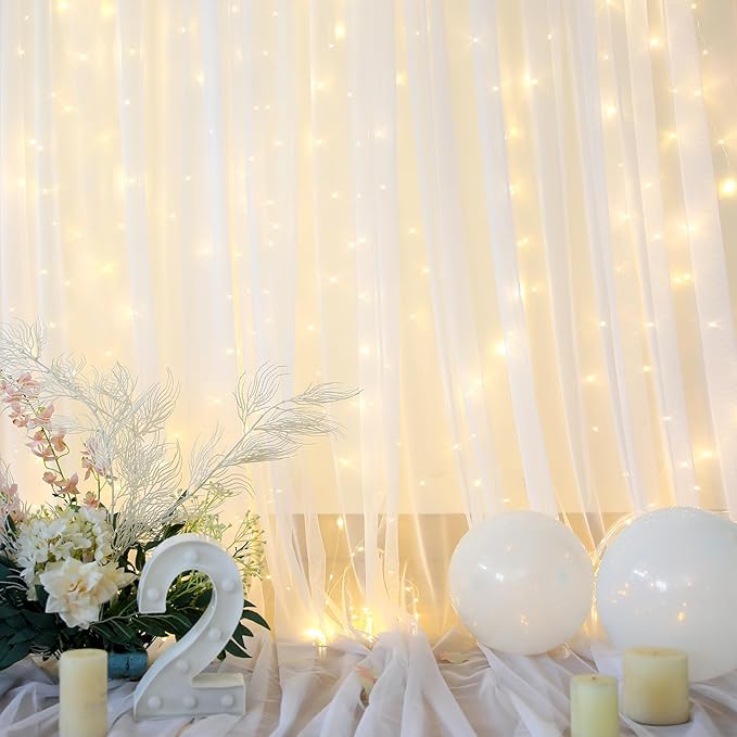 White Tulle Backdrop Curtain with Lights String for Parties Wedding Bridal Shower Sheer White Curtain Backdrop for Birthday Baby Shower Photo Booth Photography Background Decorations 20ft x 8ft