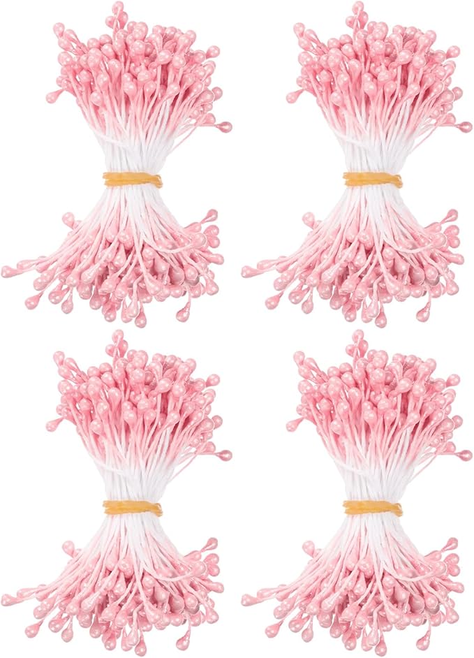 600-Pack Flower Stamens for Crafts, 5mm Double Heads Artificial Pearl Floral Pistil Mini Flower Pollens Stamens for DIY Making/Wedding/Scrapbook Decoration [Orange Pink]