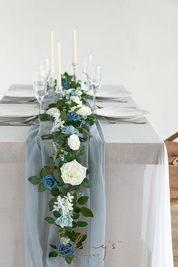 Ling's moment 5FT Dusty Blue Artificial Flower Garland Rose Leaves Floral Garland Arch Flowers Vine Table Garland for Wedding Party Backdrop Decor Home Mantel Table Centerpieces Decoration