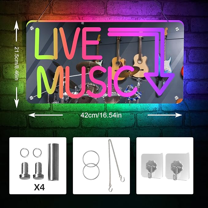 Live Music Neon Sign, Mirror LED Light Wall Décor with App-Controlled DIY Color, for Bars, Studios, Home