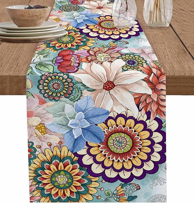 Boho Flowers Cotton Linen Table Runner for Dining Kitchen, Wedding Outdoor Party Tablerunners Decoration, Colorful Floral Farm Vintage Botanical Dresser Scarf Coffee Tablecloth Runners 13x90 Inches