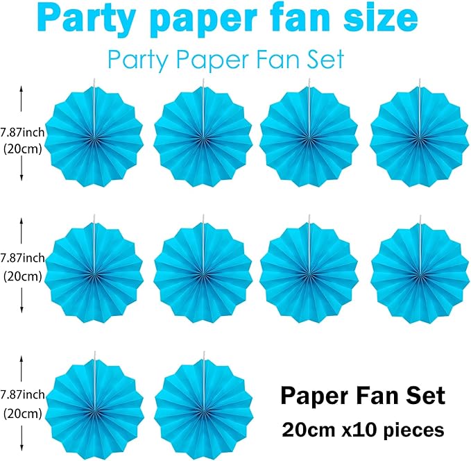 BARTHEW Blue Hanging Paper Fans,Blueaccessories Paper Decorations for Party,Blue Harmony Classroom Decorations,Party Decorations for Boys 8in Hanging Paper Fans 30 Color DIY Set (Sky Blue)