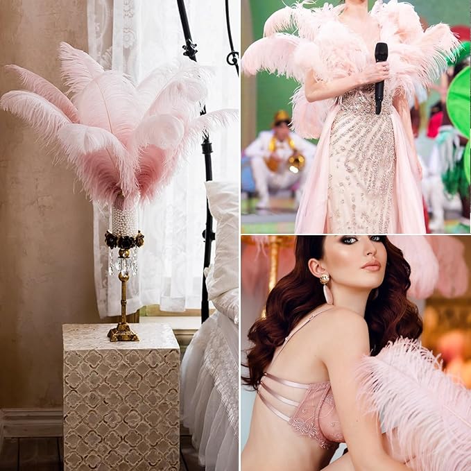 NEWONG 30pcs Light Pink Ostrich Feathers Natural Bulk 9-12inch(23-30cm) Vase Craft Wedding Home Party Centerpieces Christmas Day coquettish Valentine's Day Decoration